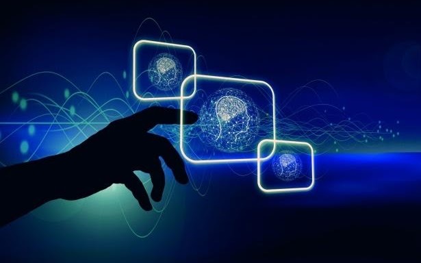 A hand reaching toward glowing digital interface panels, representing AI-powered sales technology
