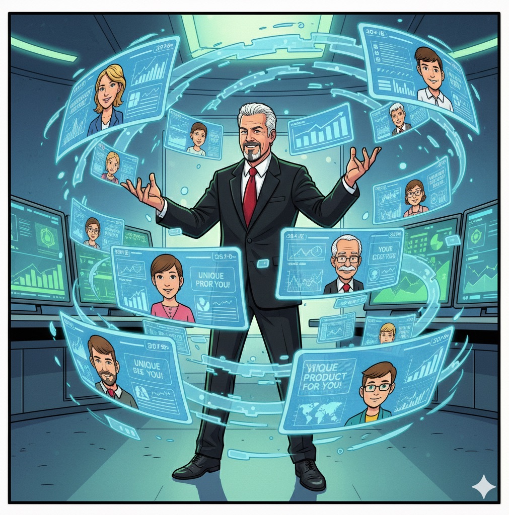 Comic: an advisor stands at the center of a swirl of personalized holographic screens, each showing a different customer's face beside messages like Unique Product For You