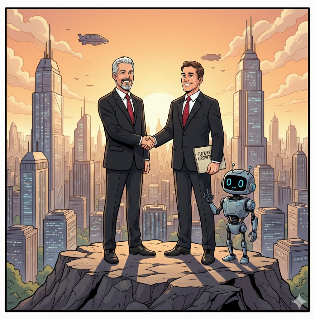 Comic: an advisor and a client holding a Future Growth folder shake hands on a clifftop overlooking a futuristic sunrise city, joined by a friendly waving robot