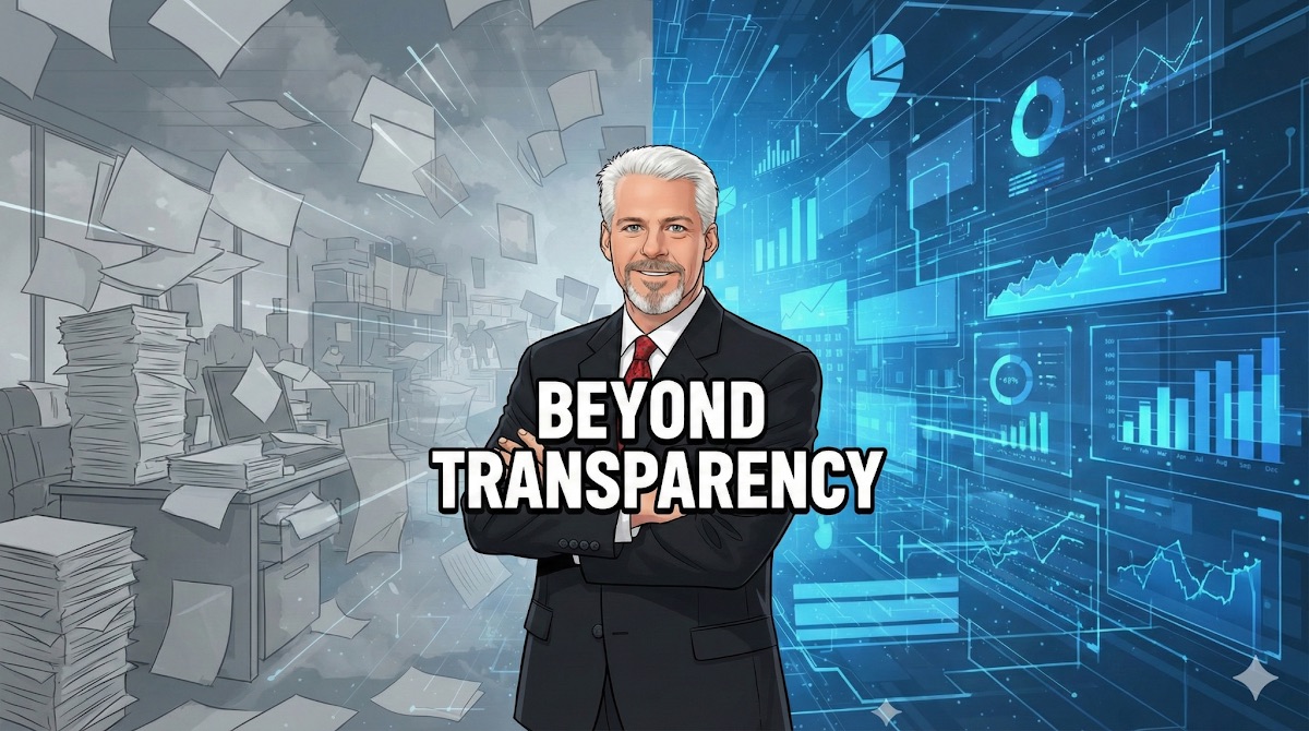 Illustration of a confident sales professional standing between piles of paperwork and glowing AI data dashboards, titled Beyond Transparency
