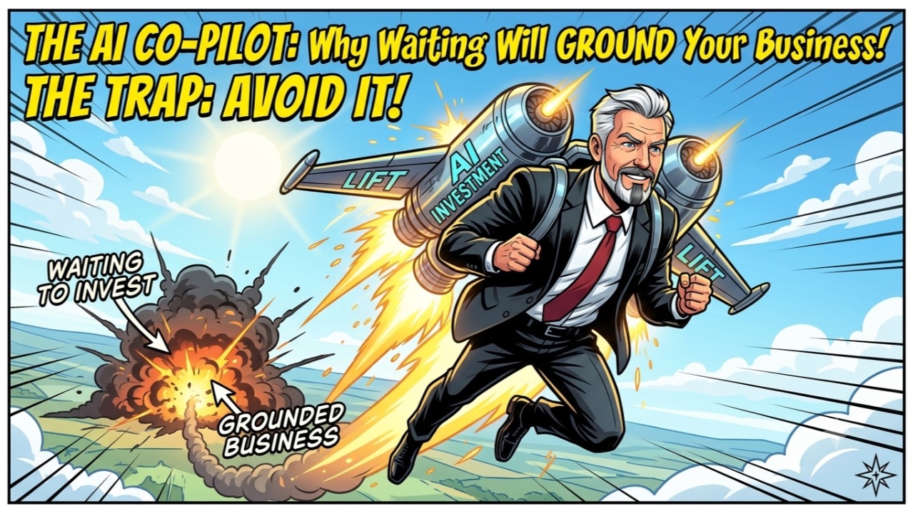 Comic-style banner: The AI Co-Pilot — why waiting will ground your business, the trap: avoid it! A consultant soars on a jetpack labeled AI investment and lift while an explosion below is labeled waiting to invest, grounded business
