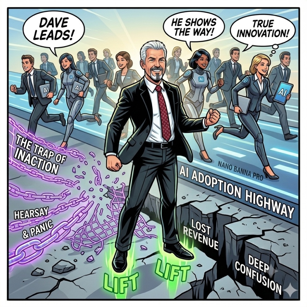Comic: Dave leads a crowd of professionals sprinting down the AI Adoption Highway, breaking purple chains labeled the trap of inaction, hearsay and panic, past cracks labeled lost revenue and deep confusion