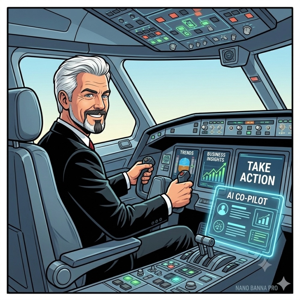 Comic: the business owner sits confidently at the controls in the cockpit while a glowing AI Co-Pilot panel surfaces trends and business insights beside a screen reading Take Action