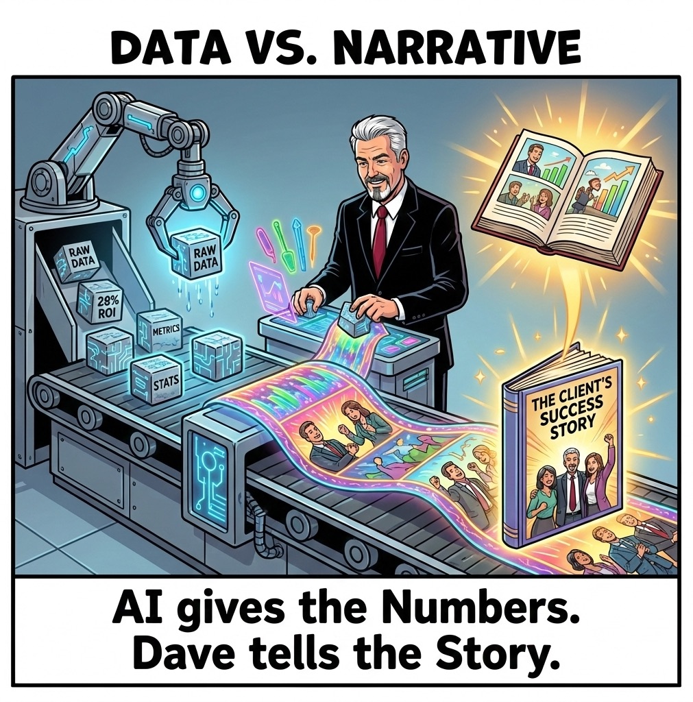 Comic titled Data vs. Narrative: a robotic conveyor feeds raw data blocks labeled 28% ROI, metrics and stats to a consultant who transforms them into a glowing storybook titled The Client's Success Story — captioned AI gives the Numbers, Dave tells the Story