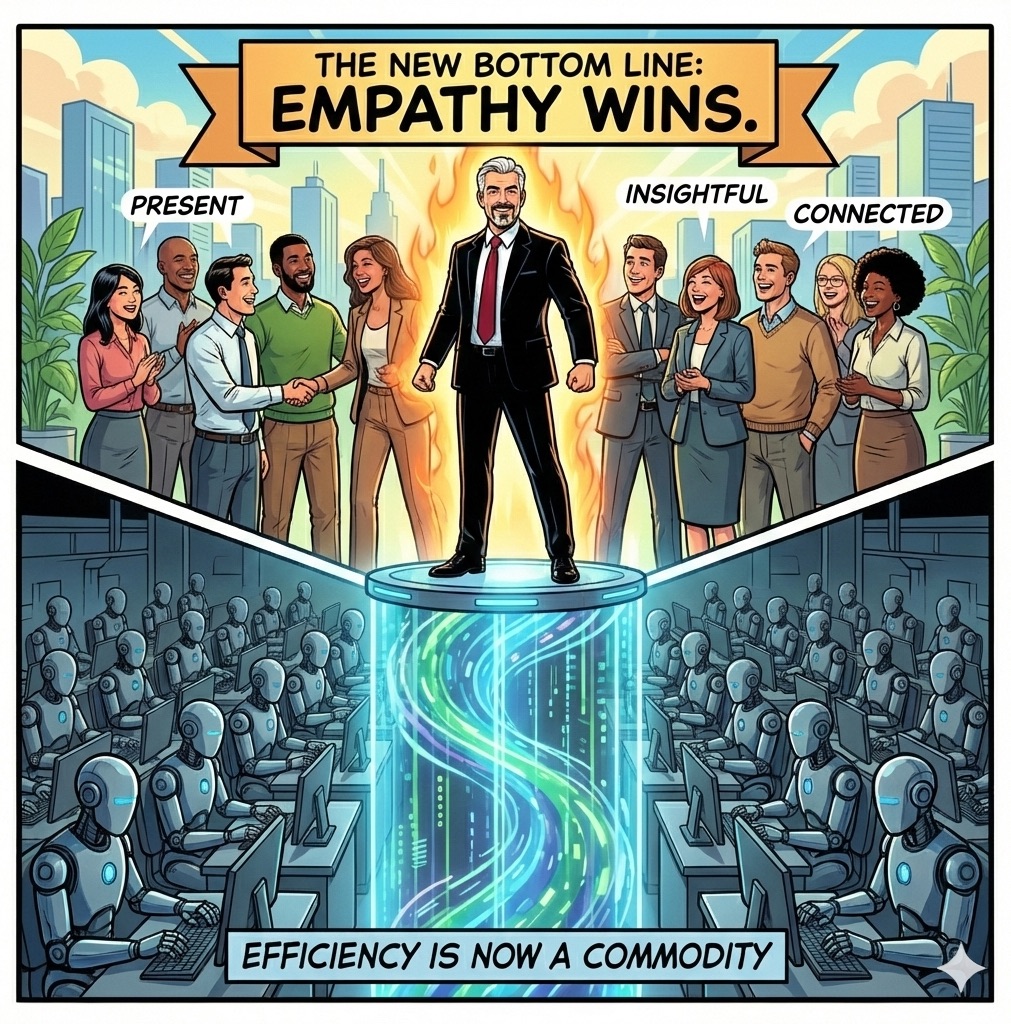 Comic banner The New Bottom Line: Empathy Wins — a consultant rises on a glowing data platform above rows of identical robots at computers captioned Efficiency Is Now a Commodity, surrounded by smiling colleagues saying present, insightful and connected