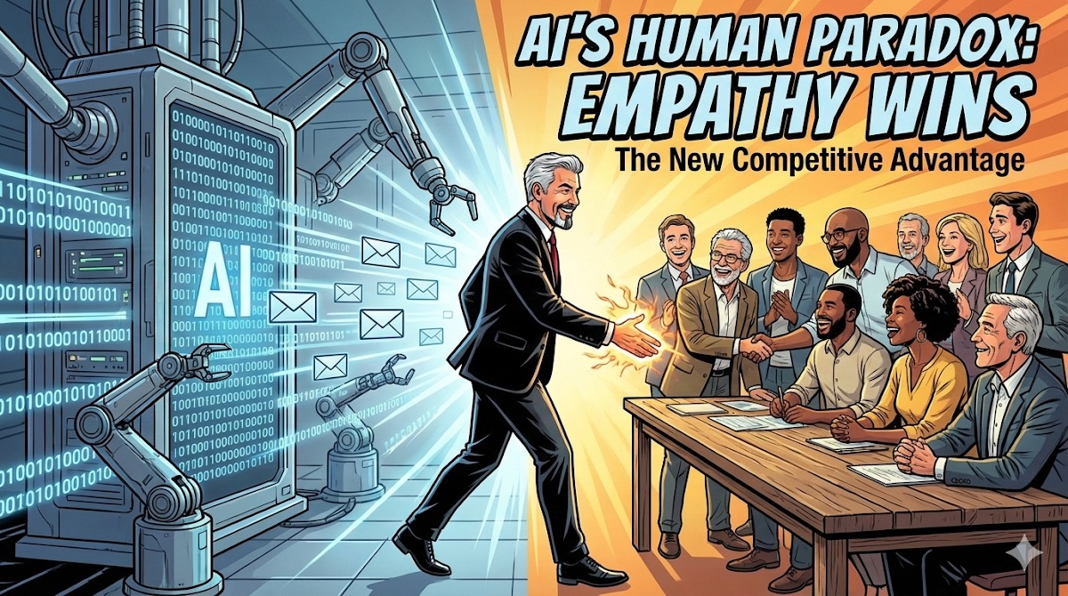 Illustration of a salesperson warmly greeting a diverse group of clients while AI machines handle email in the background, titled AI's Human Paradox: Empathy Wins — The New Competitive Advantage