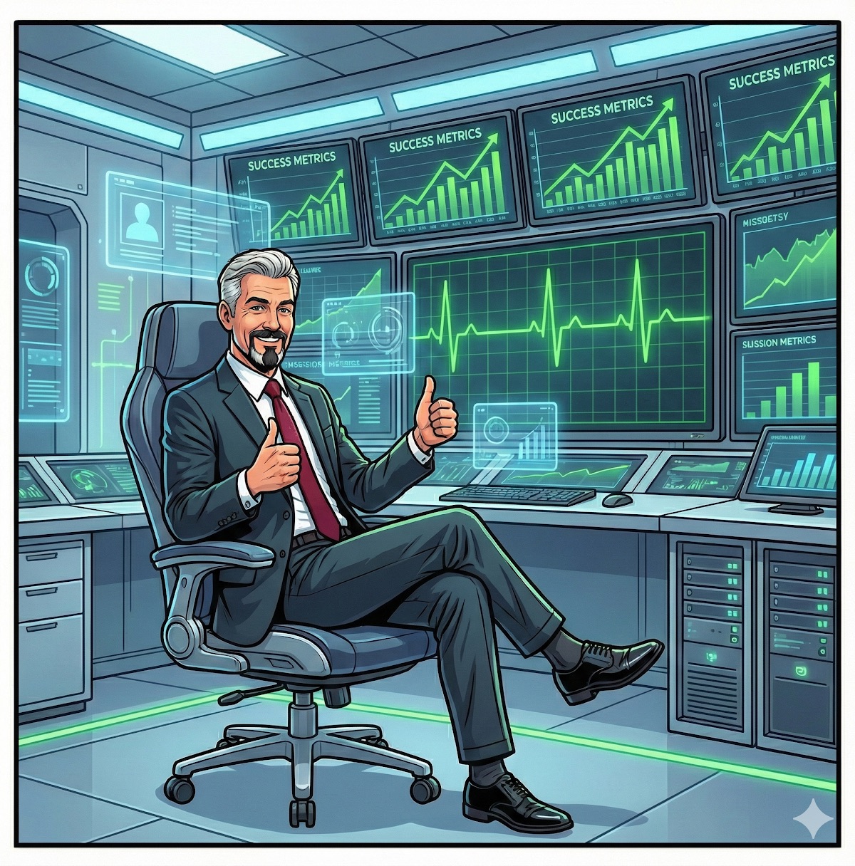 Comic: a relaxed consultant gives two thumbs up in a mission-control room whose wall of monitors all show rising green Success Metrics charts and a healthy heartbeat line