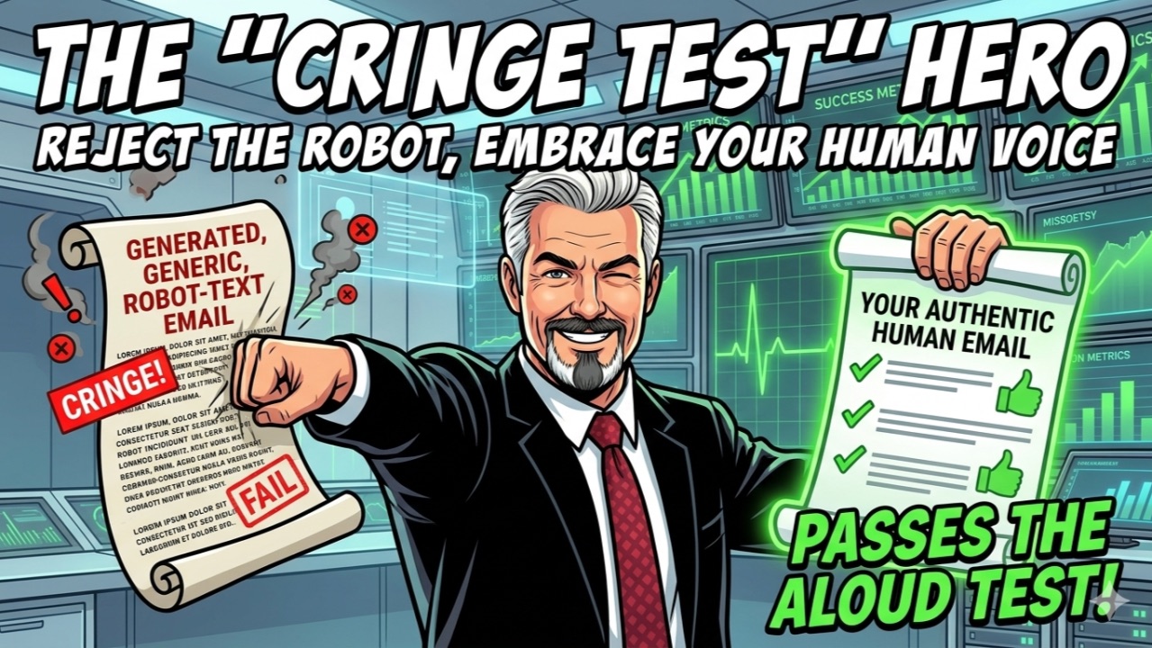 Comic-style banner: The Cringe Test Hero — reject the robot, embrace your human voice. A winking consultant crumples a generated, generic robot-text email stamped FAIL while holding up an authentic human email that passes the aloud test