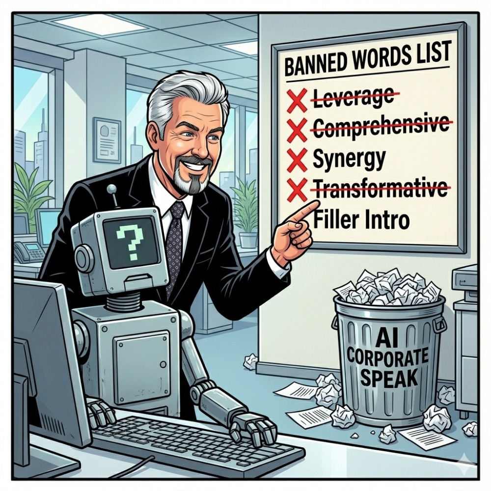 Comic: a consultant points a puzzled robot to a Banned Words List crossing out leverage, comprehensive, synergy, transformative and filler intro, with a trash can overflowing with crumpled AI corporate speak