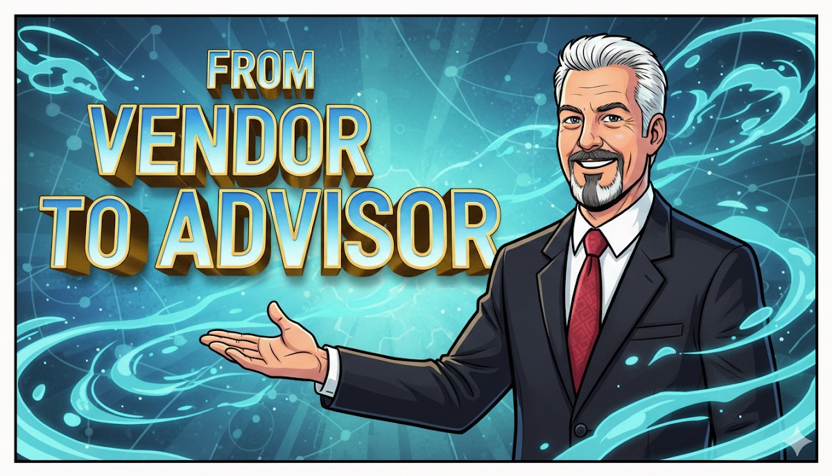 Illustration of a smiling business advisor in a suit gesturing welcomingly, titled From Vendor to Advisor