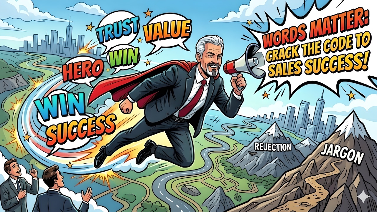 Comic-style banner: a caped salesman superhero flies over a landscape with a megaphone, speech bubbles reading trust, value, win and success, titled Words Matter: Crack the Code to Sales Success — mountains labeled rejection and jargon below