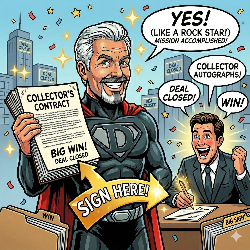 Comic: a superhero salesman with a stack of collector's contracts marked Big Win — Deal Closed, while a delighted client signs at a desk shouting Yes! like a rock star, collector autographs!