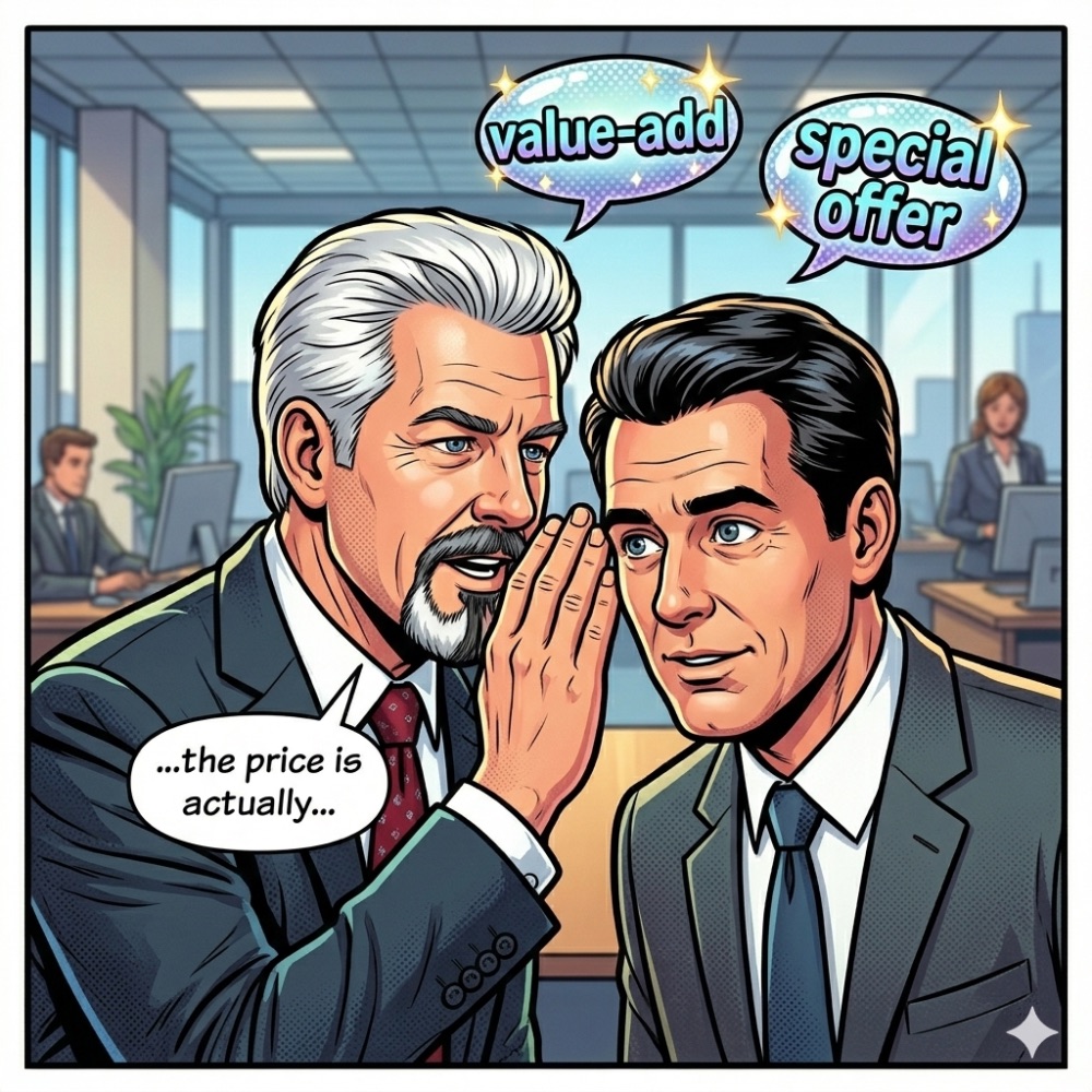 Comic: a silver-haired salesman leans in to whisper to an intrigued client, with sparkling speech bubbles reading value-add and special offer — the price is actually…